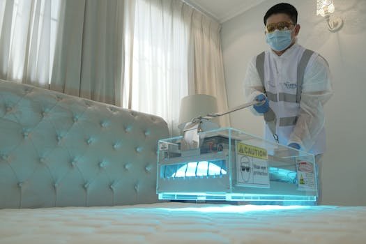 pexels-photo-14675104-14675104 Technician sanitizing hotel room bed with UV light for safe and clean environment.